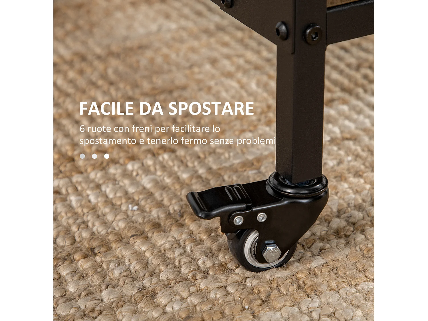 Tavolo pieghevole stile industriale con 6 ruote e mensola