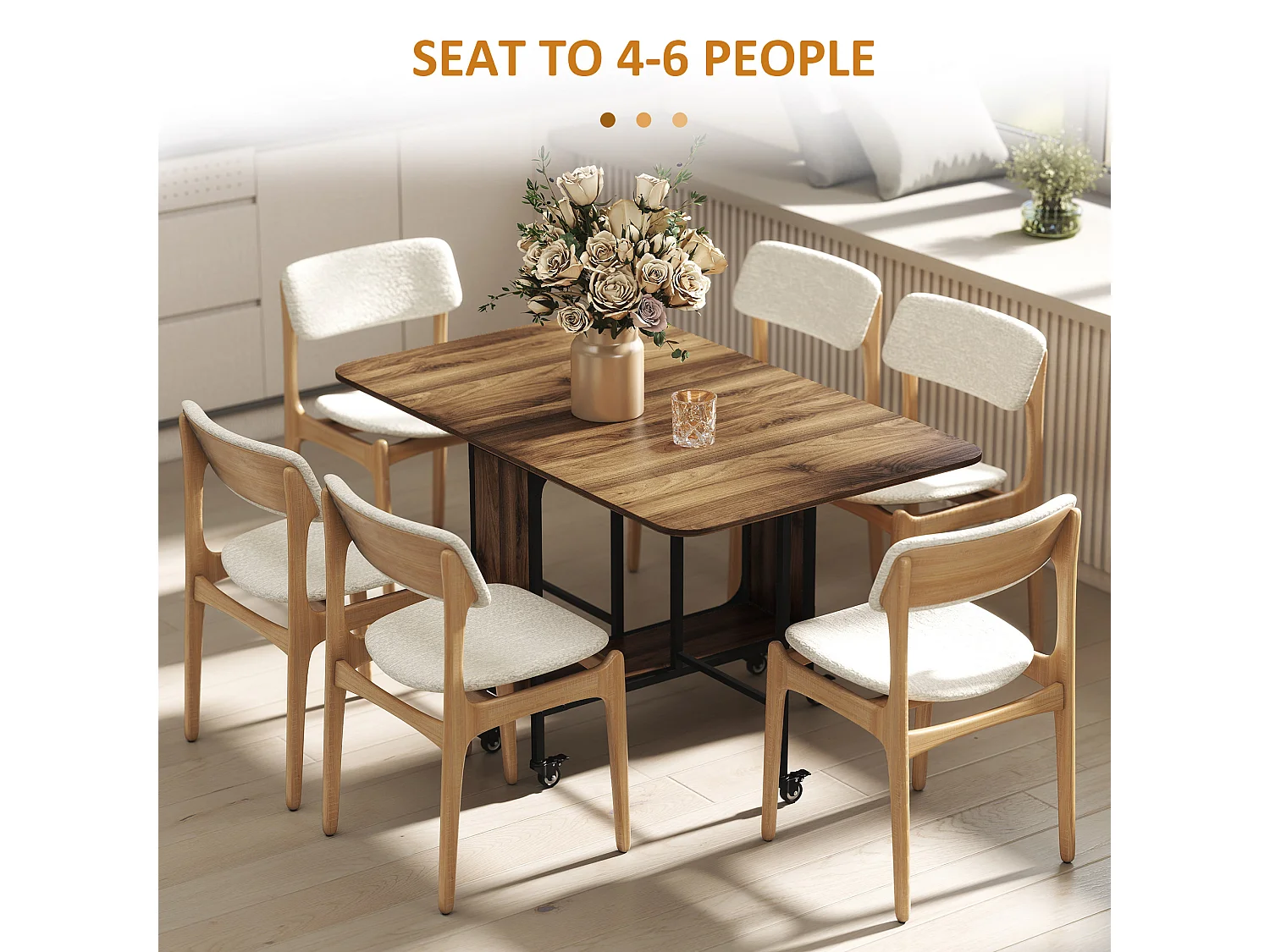 Tavolo pieghevole stile industriale con 6 ruote e mensola