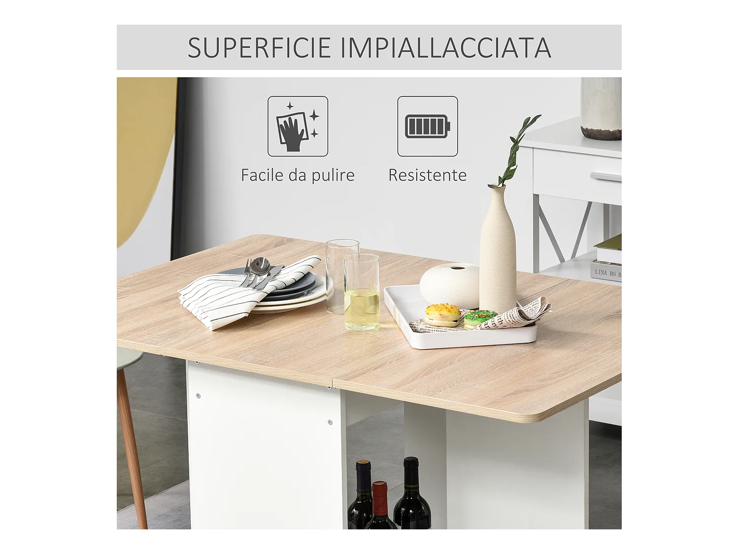 Tavolo consolle a ribalta con mensola pieghevole salvaspazio in legno