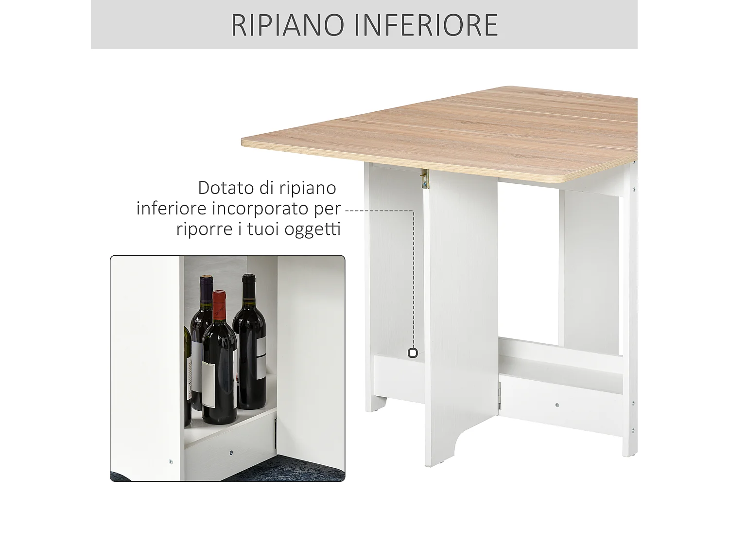 Tavolo consolle a ribalta con mensola pieghevole salvaspazio in legno