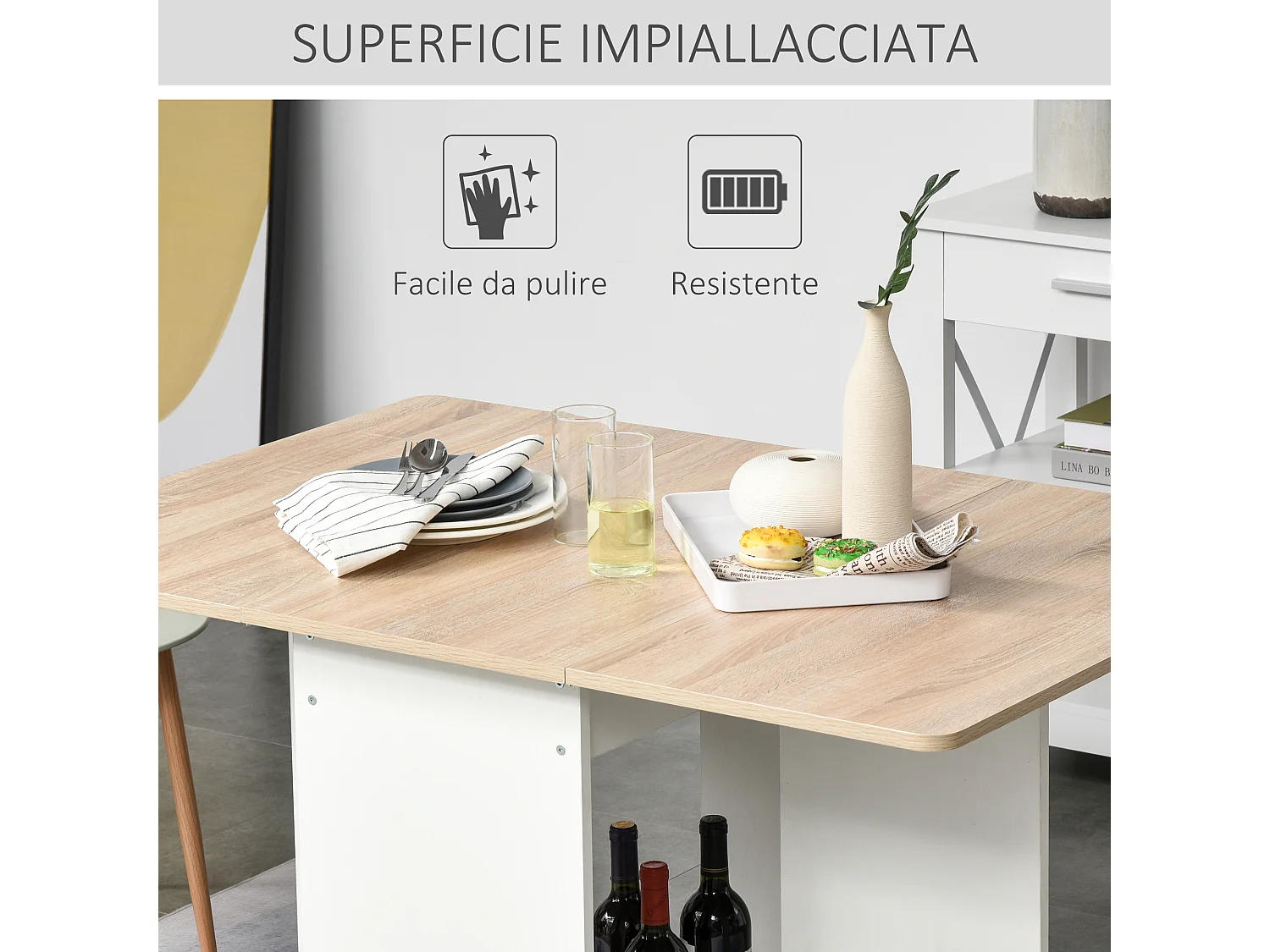 Tavolo consolle a ribalta con mensola pieghevole salvaspazio in legno