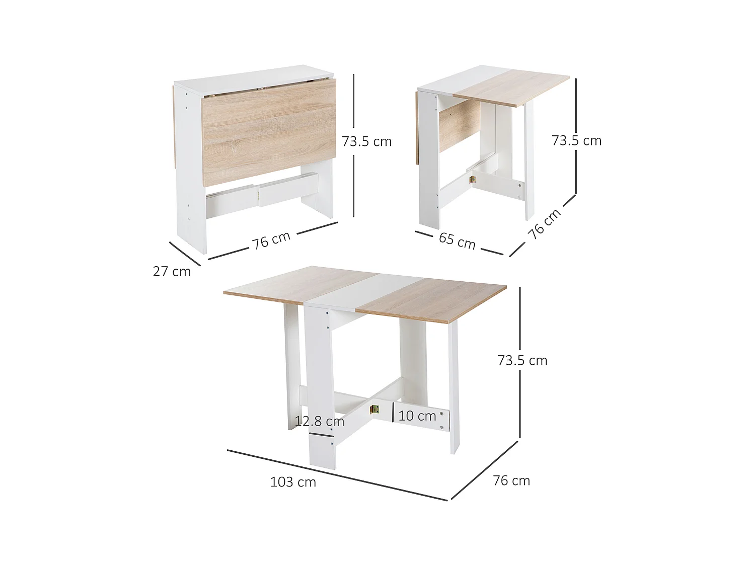 Tavolo pieghevole moderno multifunzione 103x76x73.5cm rovere e bianco
