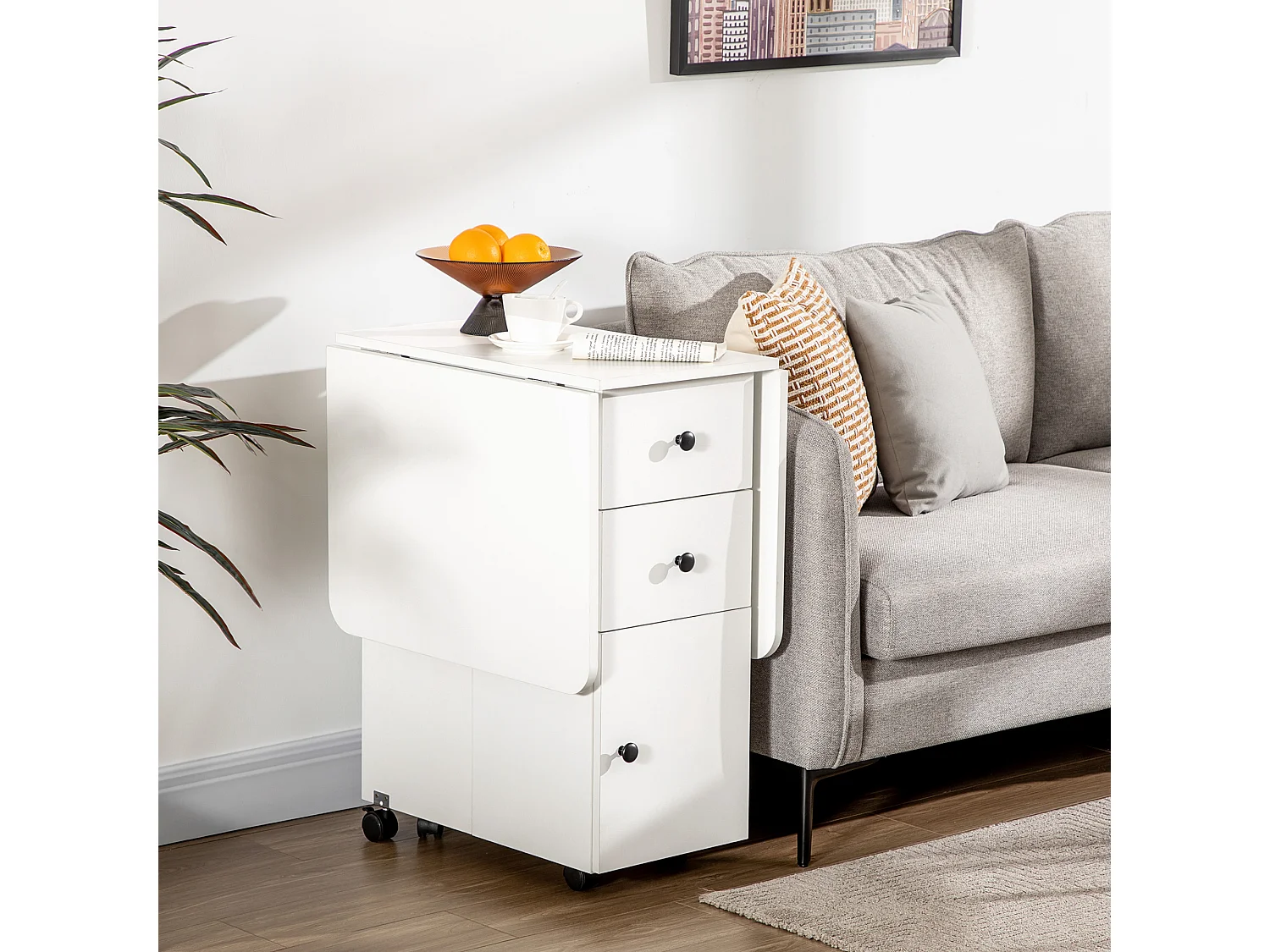 Tavolo a ribalta con 2 cassetti armadietto e ripiano in truciolato