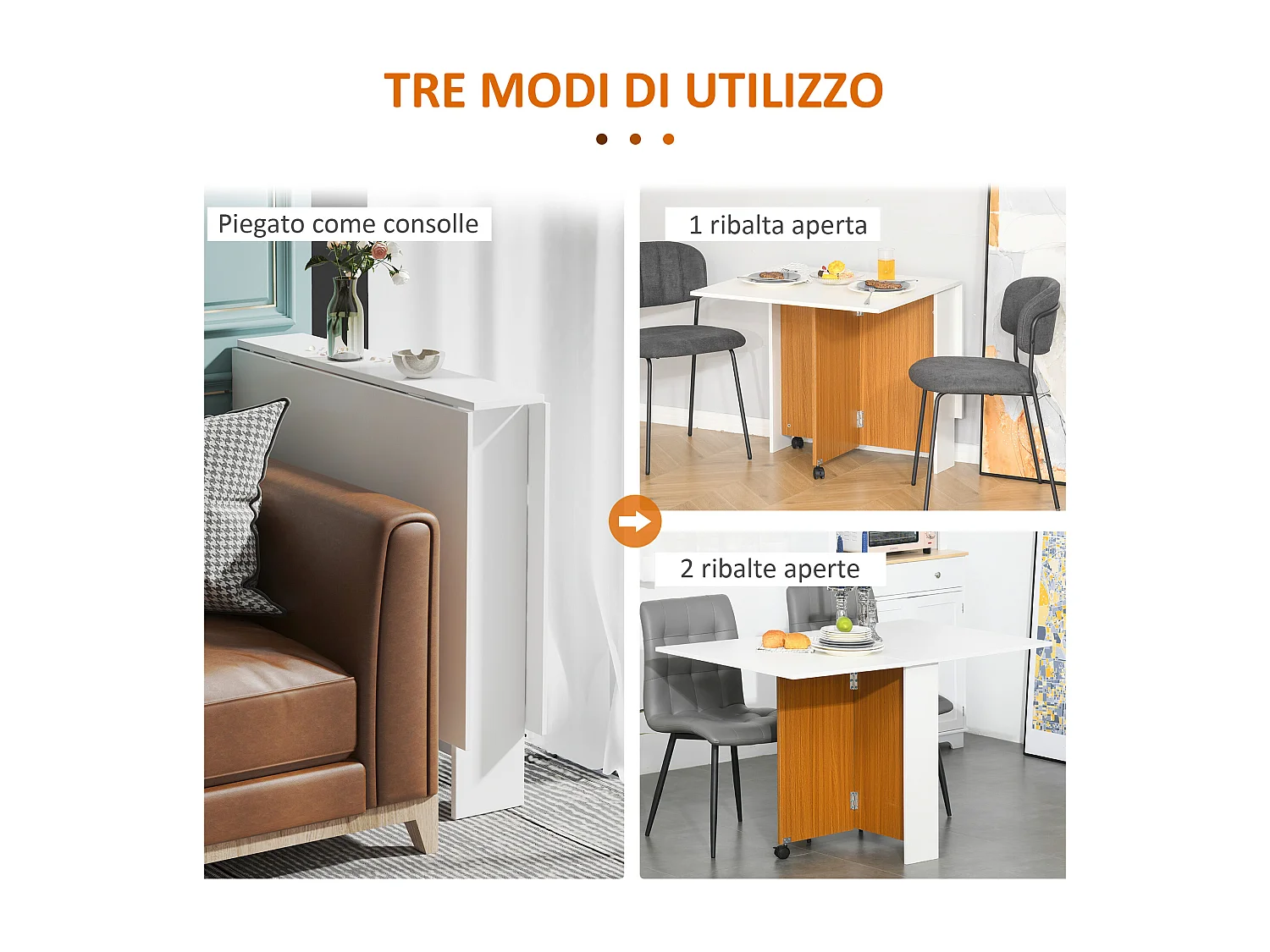 Tavolo pieghevole con rotelle e 2 ribalte 120x80x73cm in legno