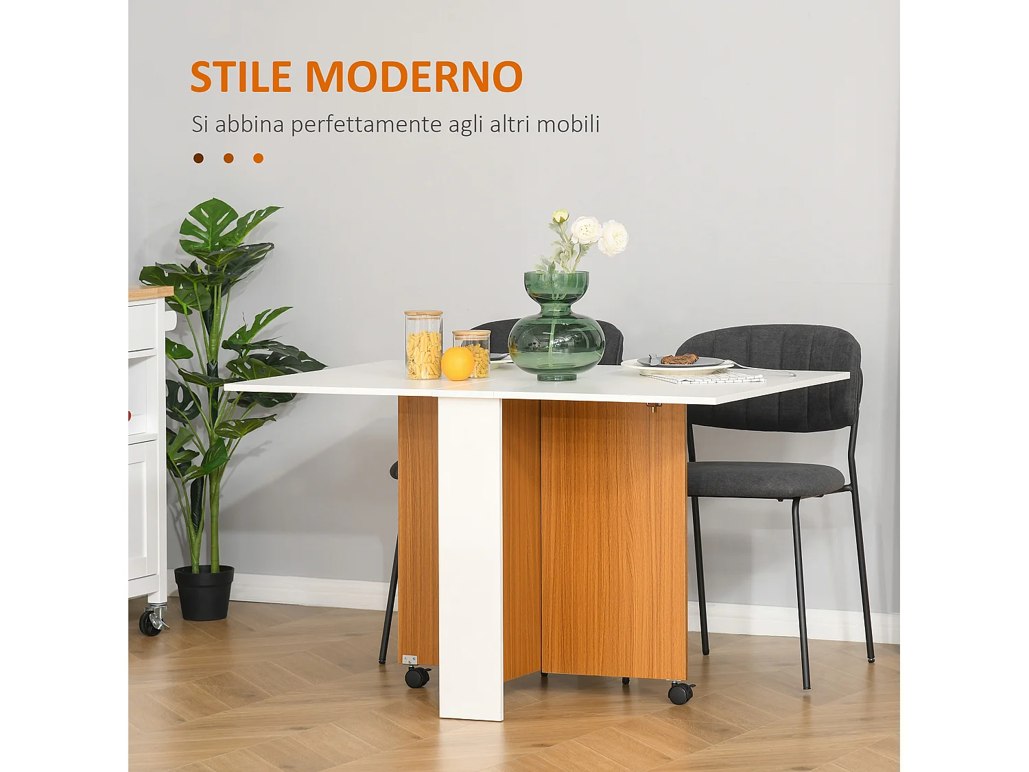 Tavolo pieghevole con rotelle e 2 ribalte 120x80x73cm in legno