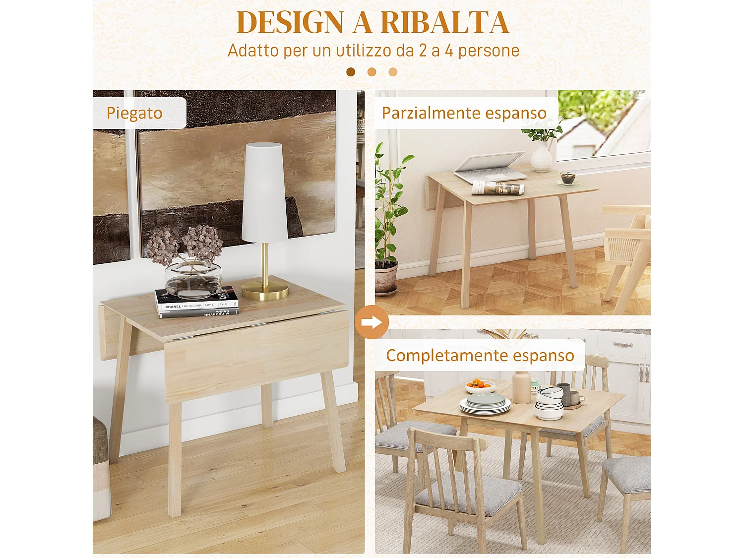 Tavolo da pranzo pieghevole per 2-4 persone con 2 ribalte in legno