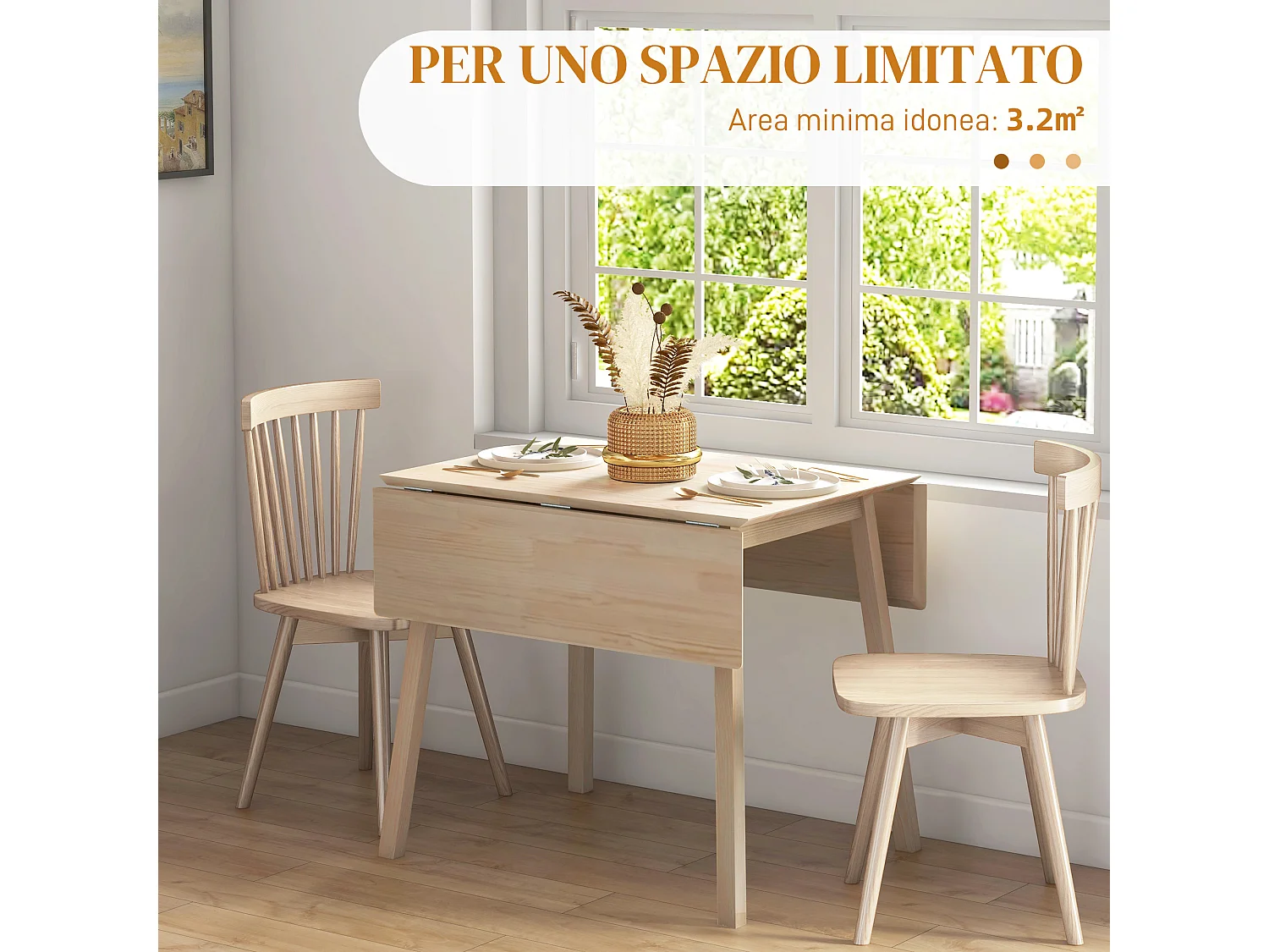 Tavolo da pranzo pieghevole per 2-4 persone con 2 ribalte in legno