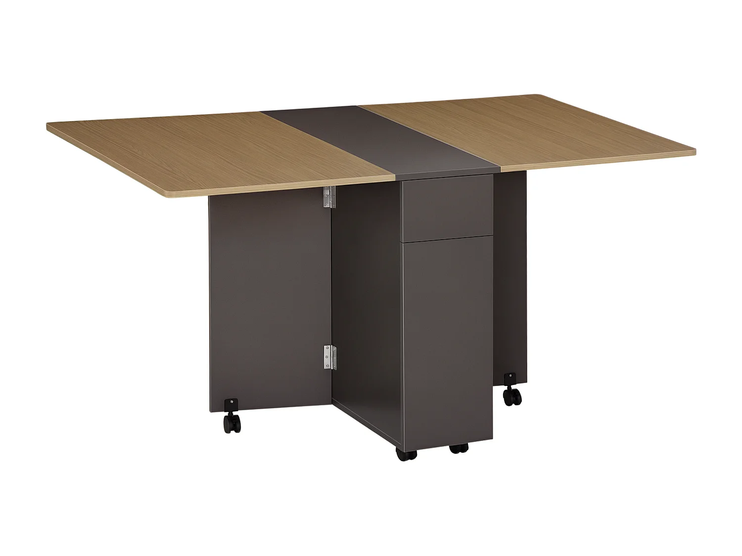 Tavolo pieghevole in truciolato 2 cassetti 1 armadietto 6 ruote