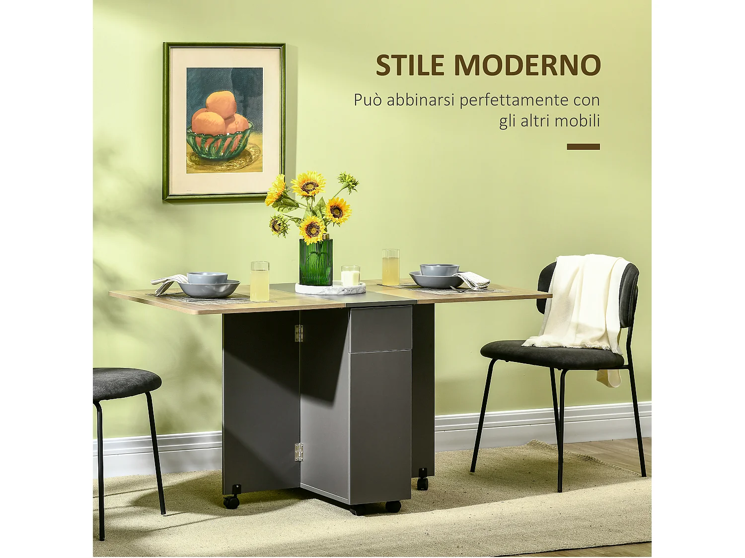 Tavolo pieghevole in truciolato 2 cassetti 1 armadietto 6 ruote