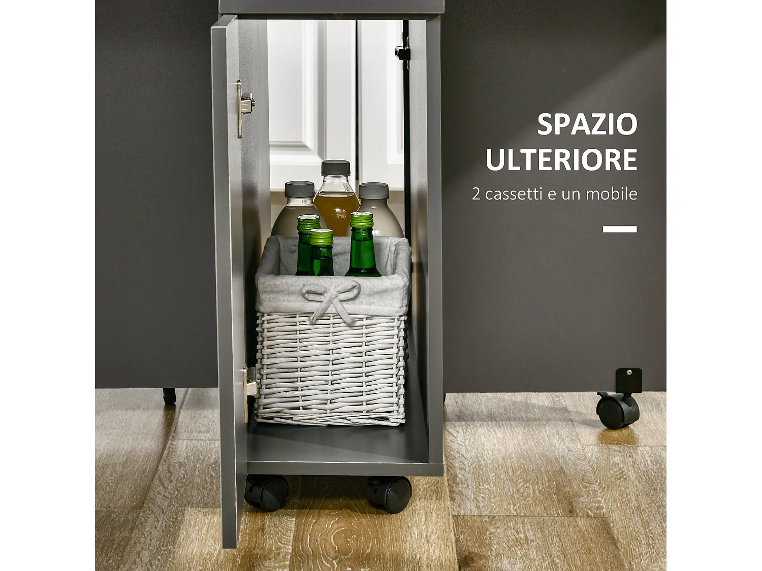 Tavolo pieghevole in truciolato 2 cassetti 1 armadietto 6 ruote