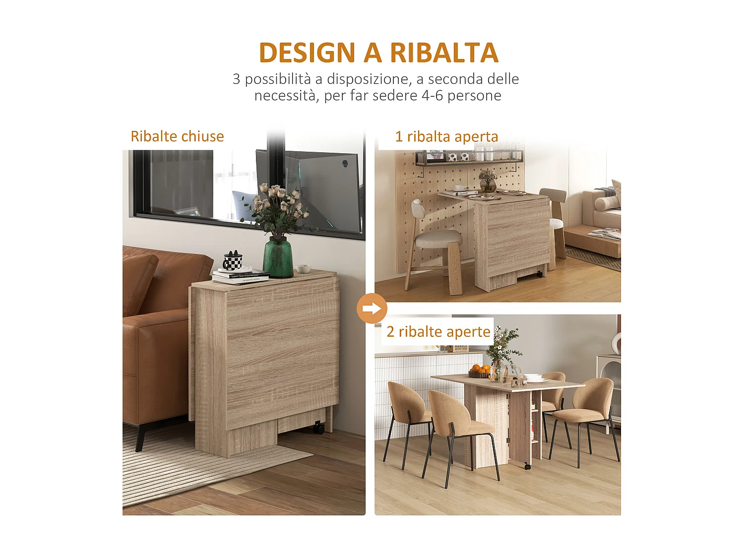 Tavolo pieghevole 6 posti con 2 ribalte ripiani e ruote color legno