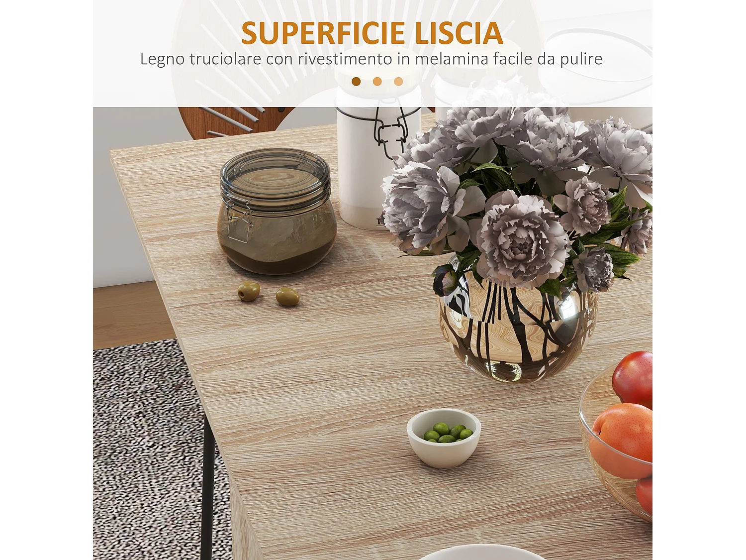 Tavolo pieghevole 6 posti con 2 ribalte ripiani e ruote color legno