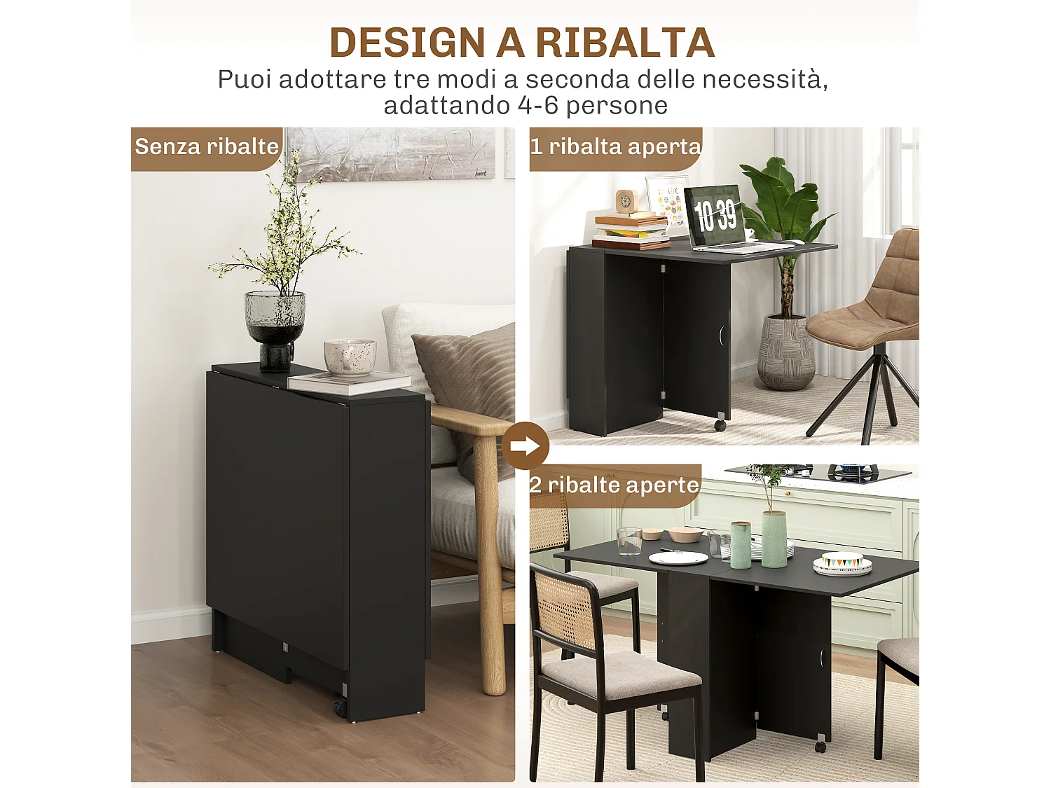 Tavolo pieghevole in legno con ruote per 4-6 persone nero