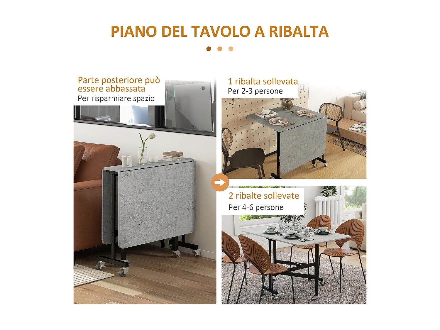 Tavolo pieghevole a ribalta per 4-6 persone in legno e acciaio grigio