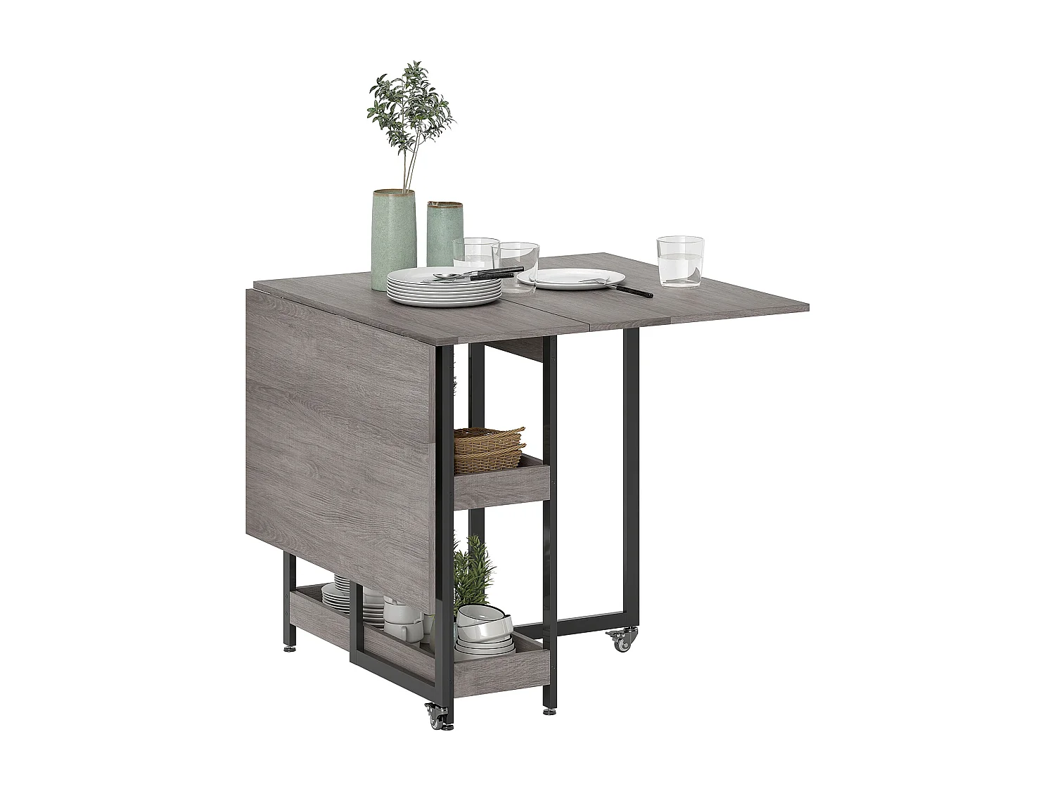 Tavolo pieghevole a 2 ribalte per 4 persone con ripiani aperti grigio