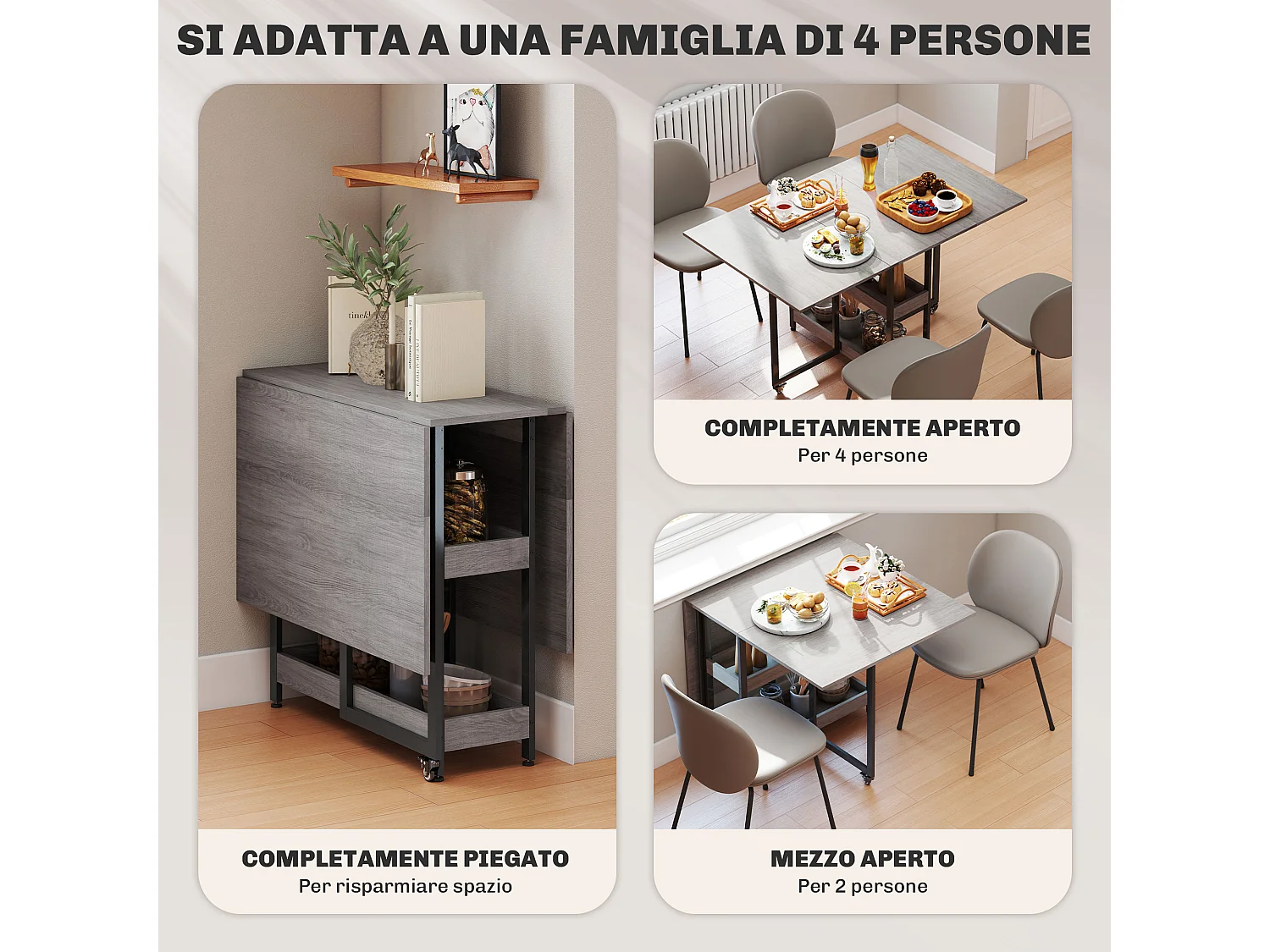 Tavolo pieghevole a 2 ribalte per 4 persone con ripiani aperti grigio