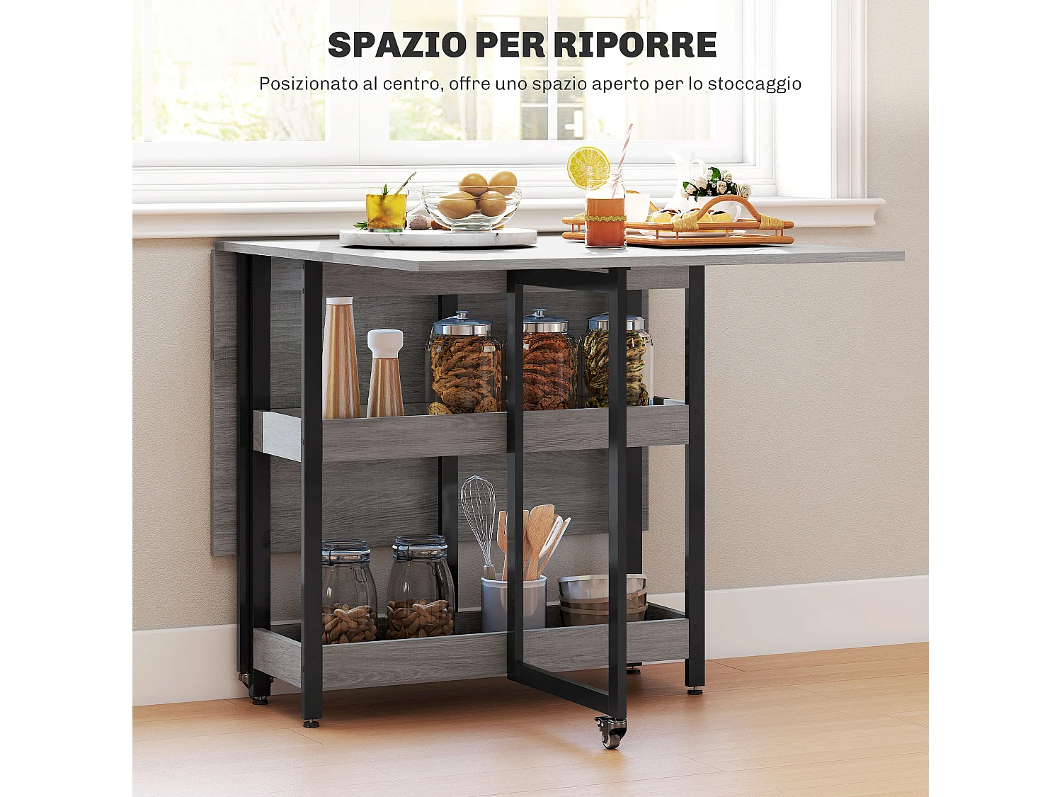 Tavolo pieghevole a 2 ribalte per 4 persone con ripiani aperti grigio