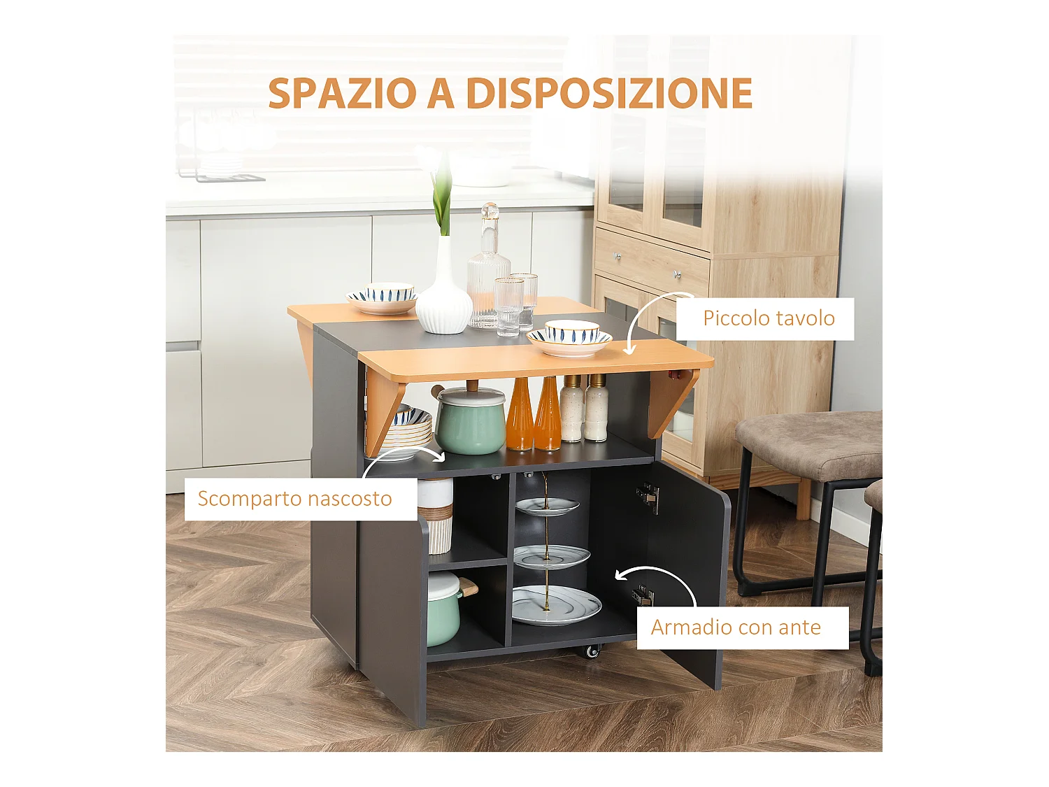 Tavolo pieghevole salvaspazio 4 persone con armadietto ripiano