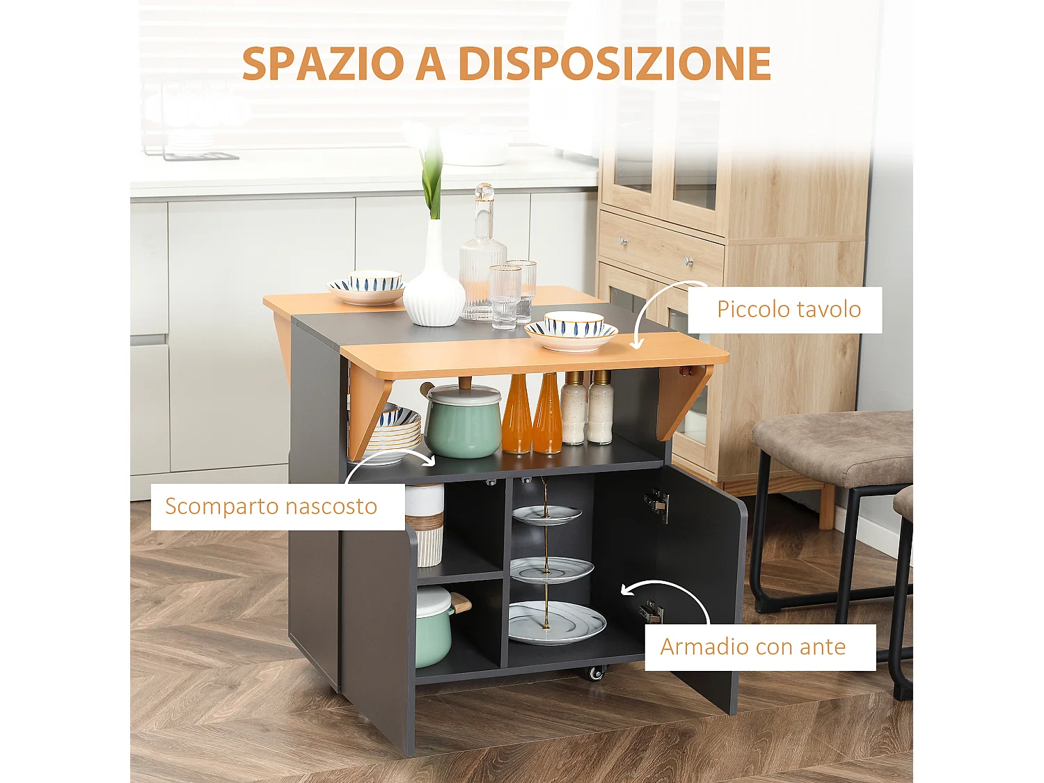 Tavolo pieghevole salvaspazio 4 persone con armadietto ripiano