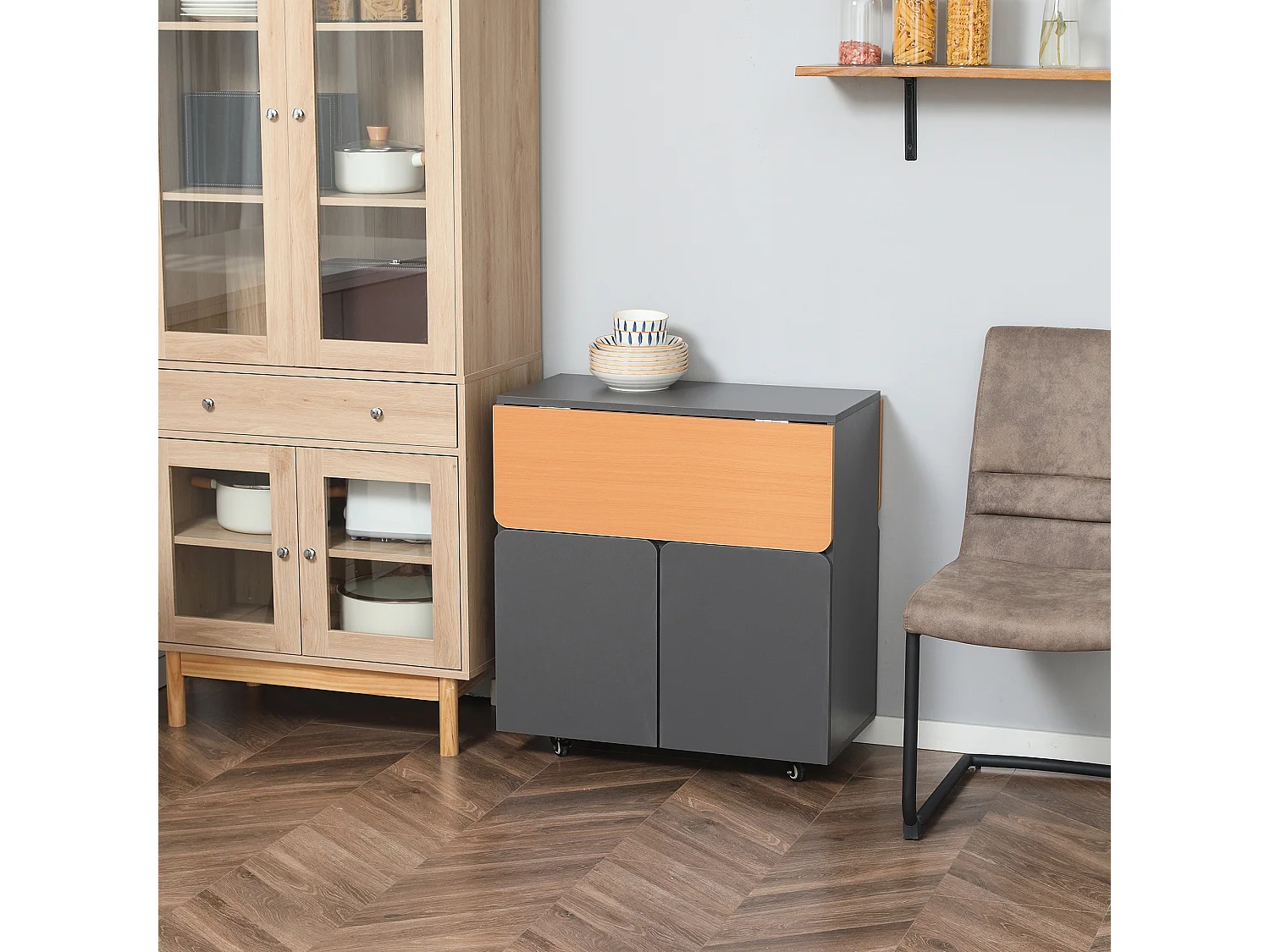 Tavolo pieghevole salvaspazio 4 persone con armadietto ripiano