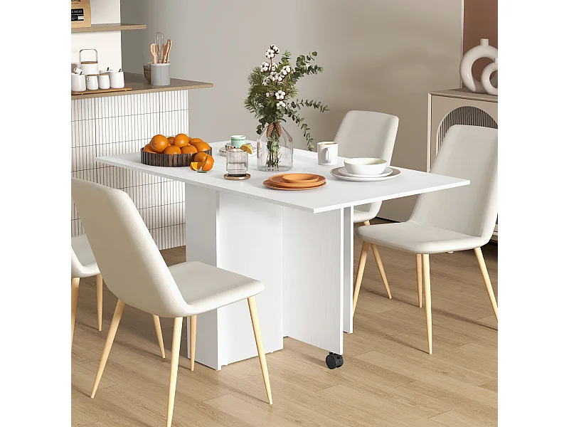 Tavolo pieghevole a 2 ribalte per 6 persone con ripiani e ruote bianco