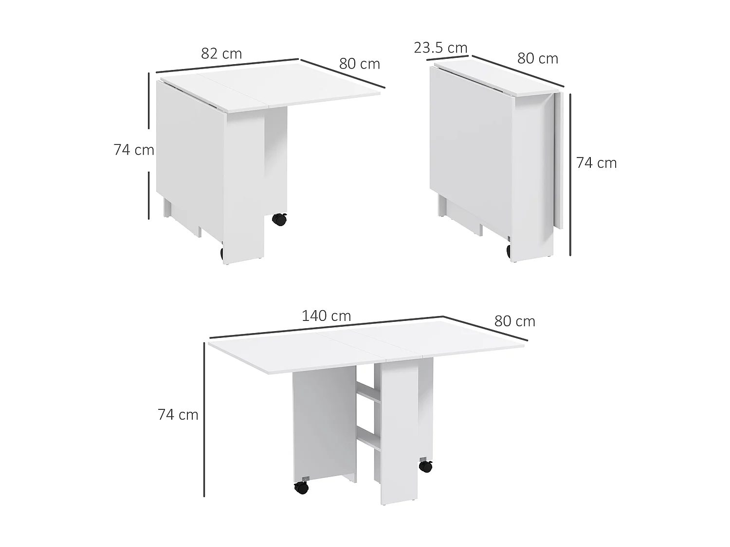Tavolo pieghevole a 2 ribalte per 6 persone con ripiani e ruote bianco