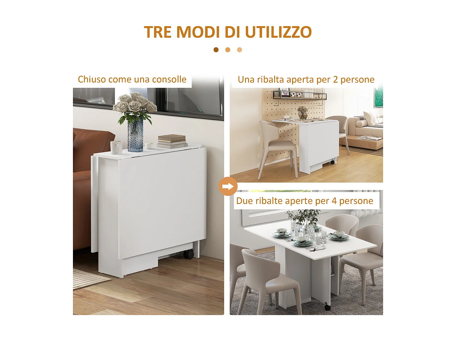 Tavolo pieghevole a 2 ribalte per 6 persone con ripiani e ruote bianco