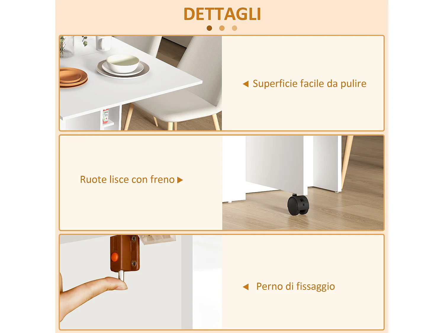 Tavolo pieghevole a 2 ribalte per 6 persone con ripiani e ruote bianco