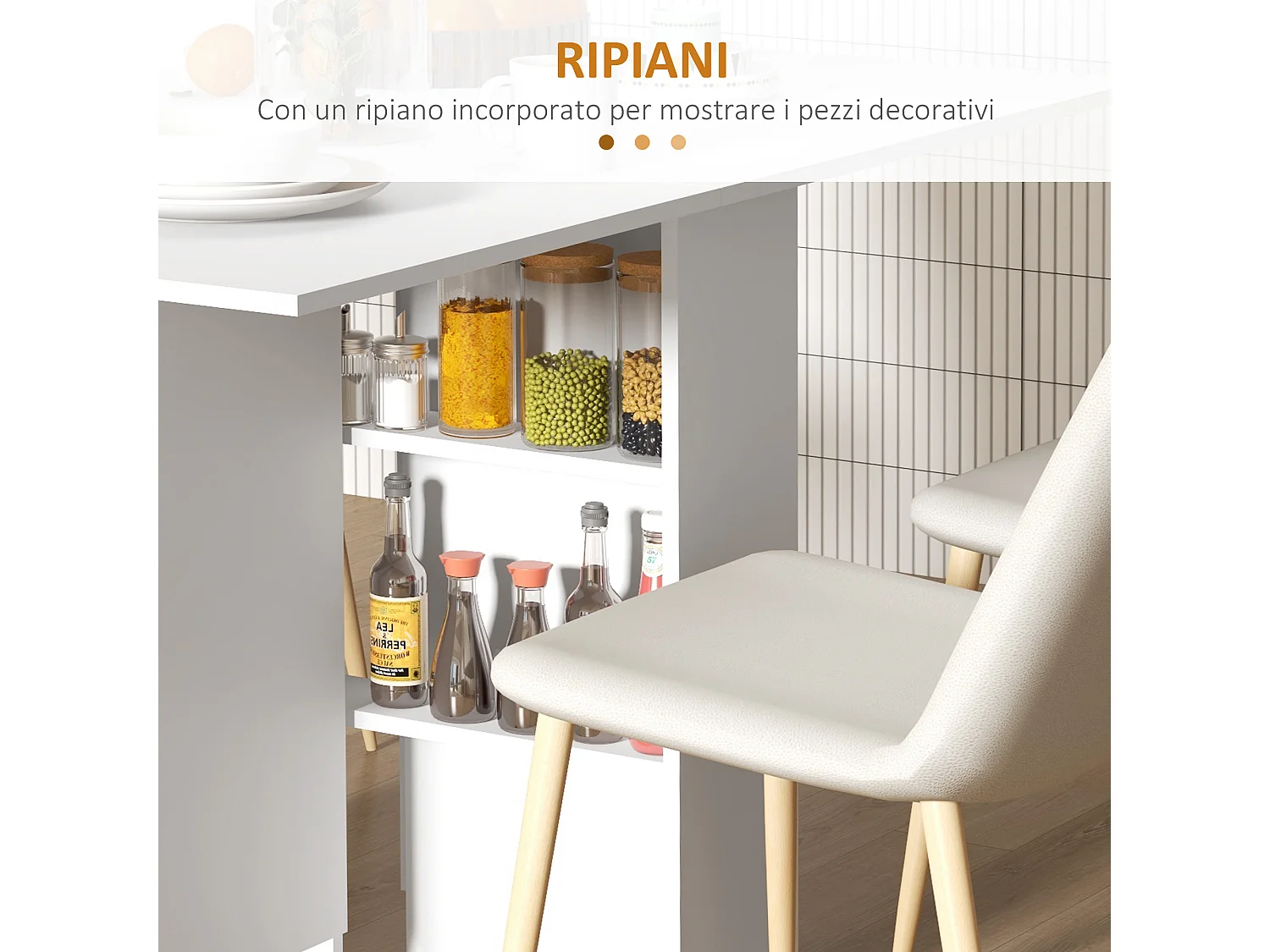 Tavolo pieghevole a 2 ribalte per 6 persone con ripiani e ruote bianco