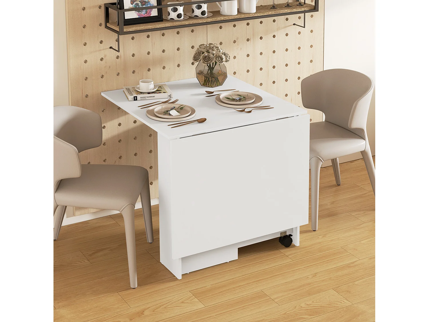 Tavolo pieghevole a 2 ribalte per 6 persone con ripiani e ruote bianco