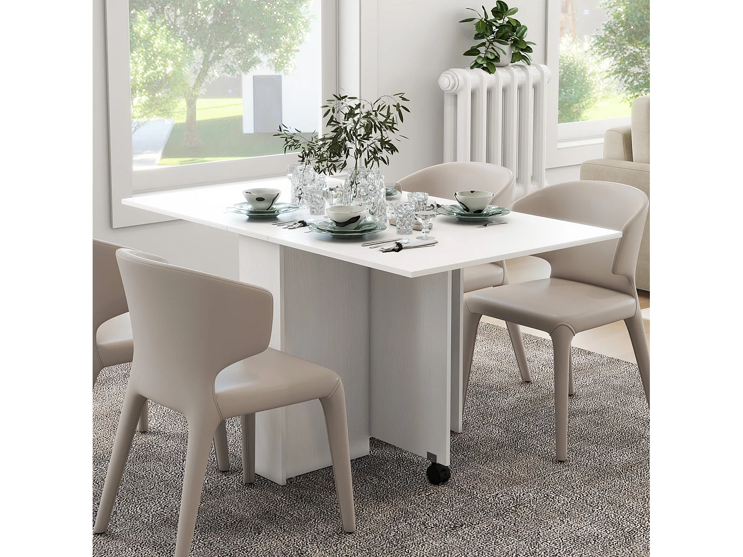 Tavolo pieghevole a 2 ribalte per 6 persone con ripiani e ruote bianco