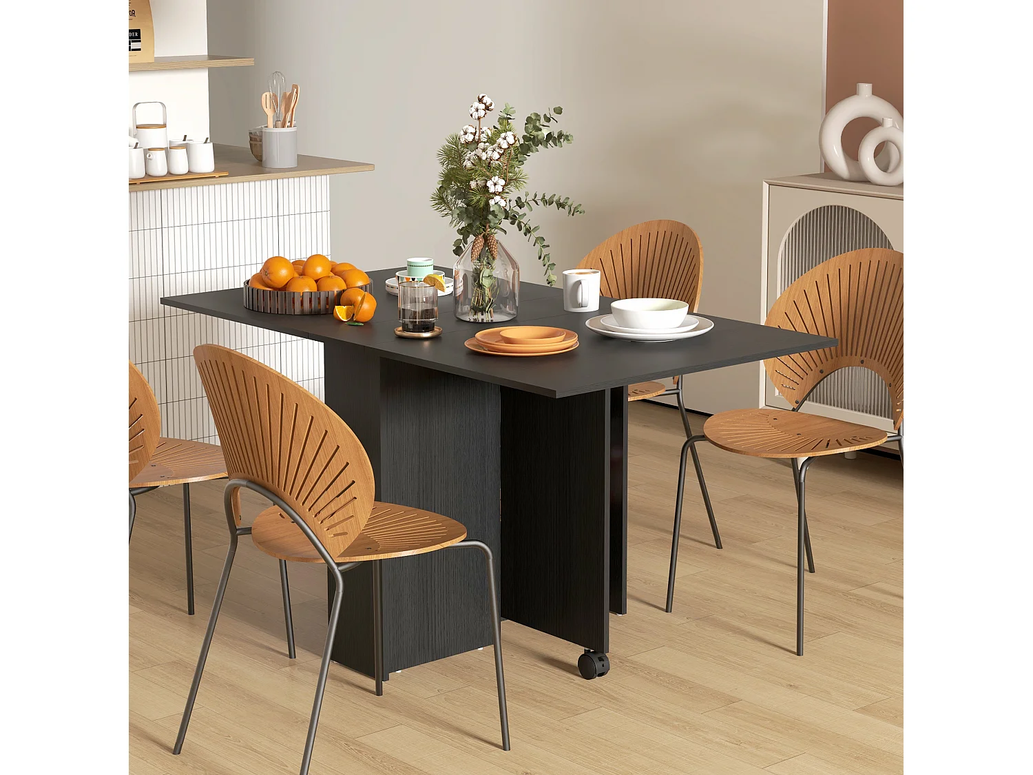 Tavolo pieghevole a 2 ribalte per 6 persone con ripiani e ruote nero