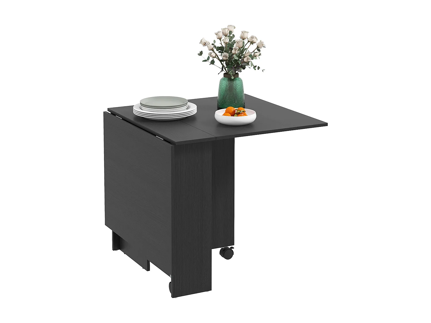 Tavolo pieghevole a 2 ribalte per 6 persone con ripiani e ruote nero