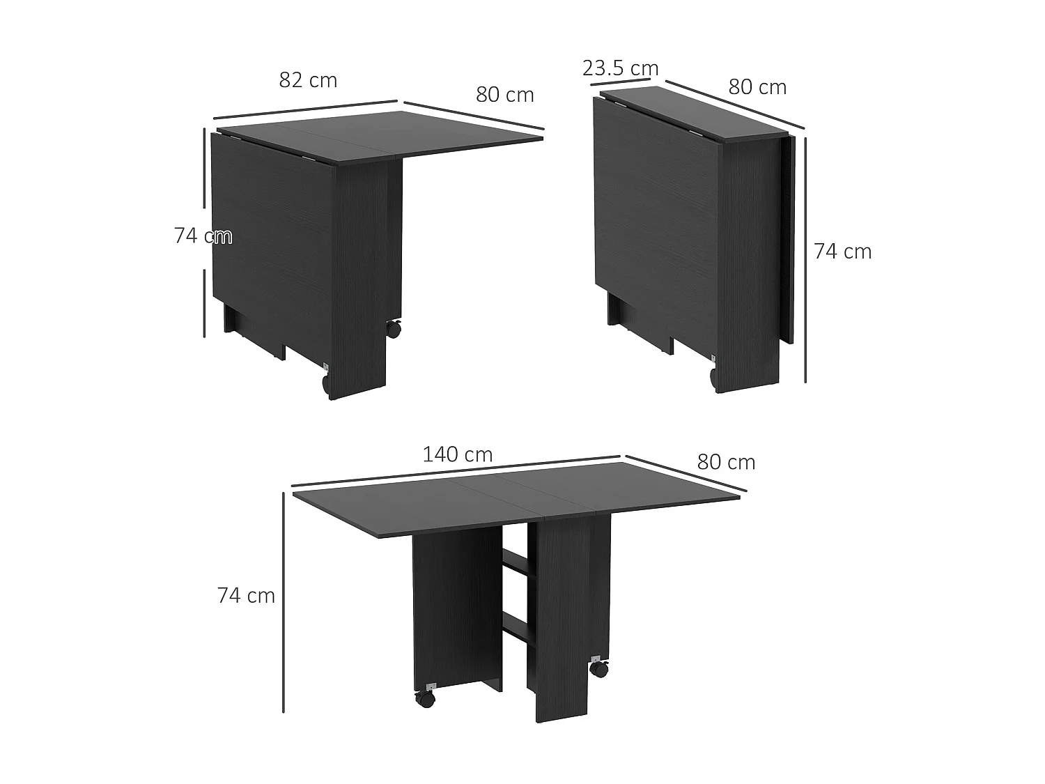Tavolo pieghevole a 2 ribalte per 6 persone con ripiani e ruote nero