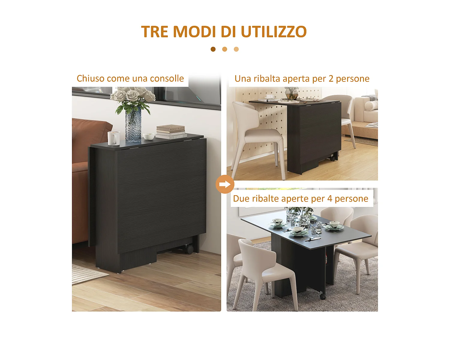 Tavolo pieghevole a 2 ribalte per 6 persone con ripiani e ruote nero