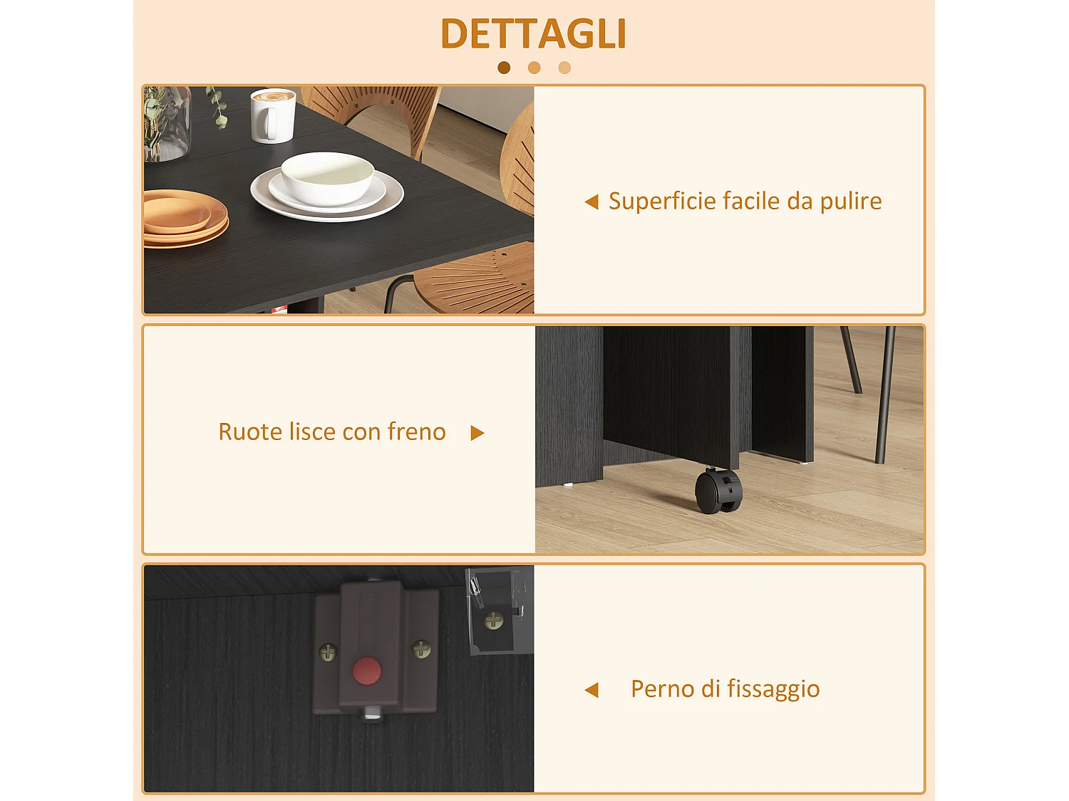 Tavolo pieghevole a 2 ribalte per 6 persone con ripiani e ruote nero