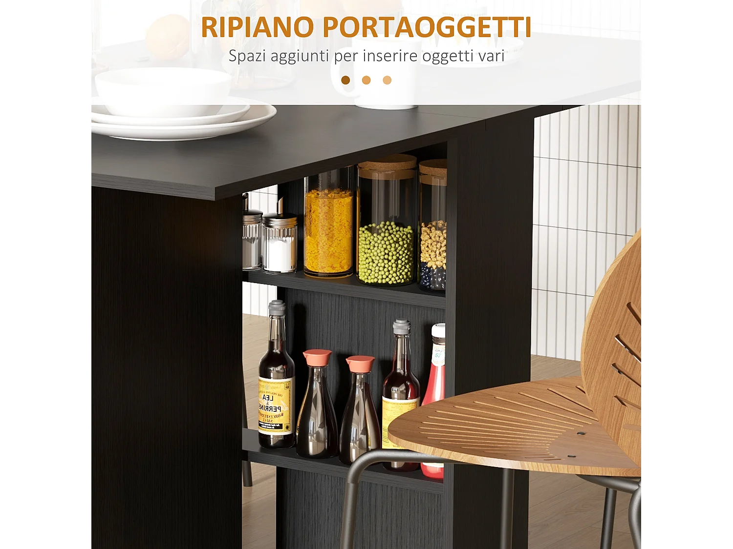 Tavolo pieghevole a 2 ribalte per 6 persone con ripiani e ruote nero