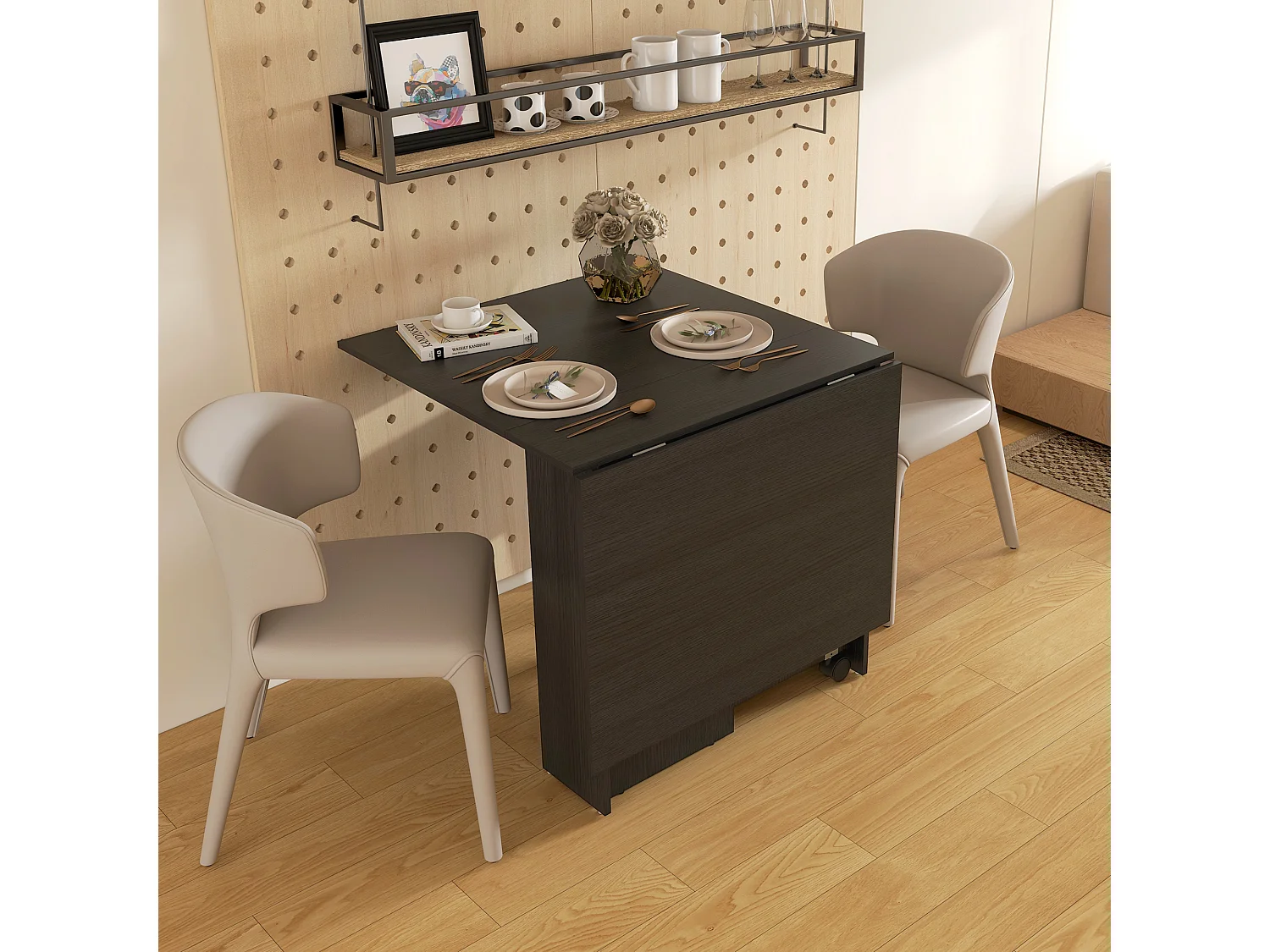 Tavolo pieghevole a 2 ribalte per 6 persone con ripiani e ruote nero