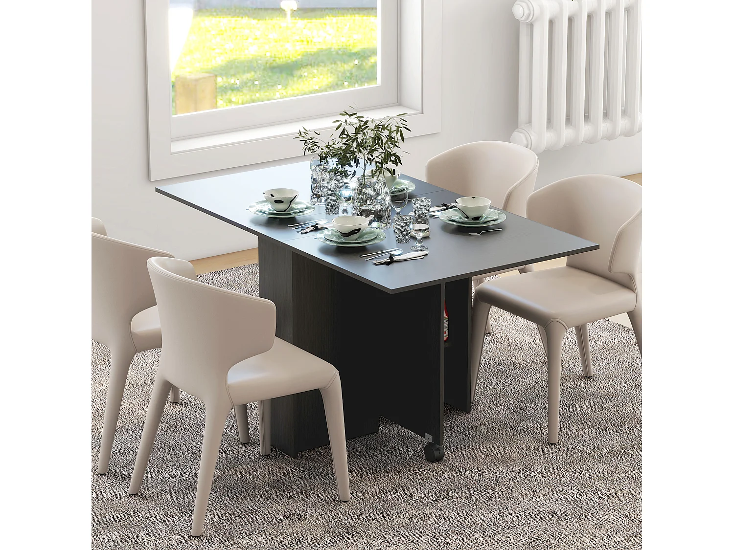 Tavolo pieghevole a 2 ribalte per 6 persone con ripiani e ruote nero