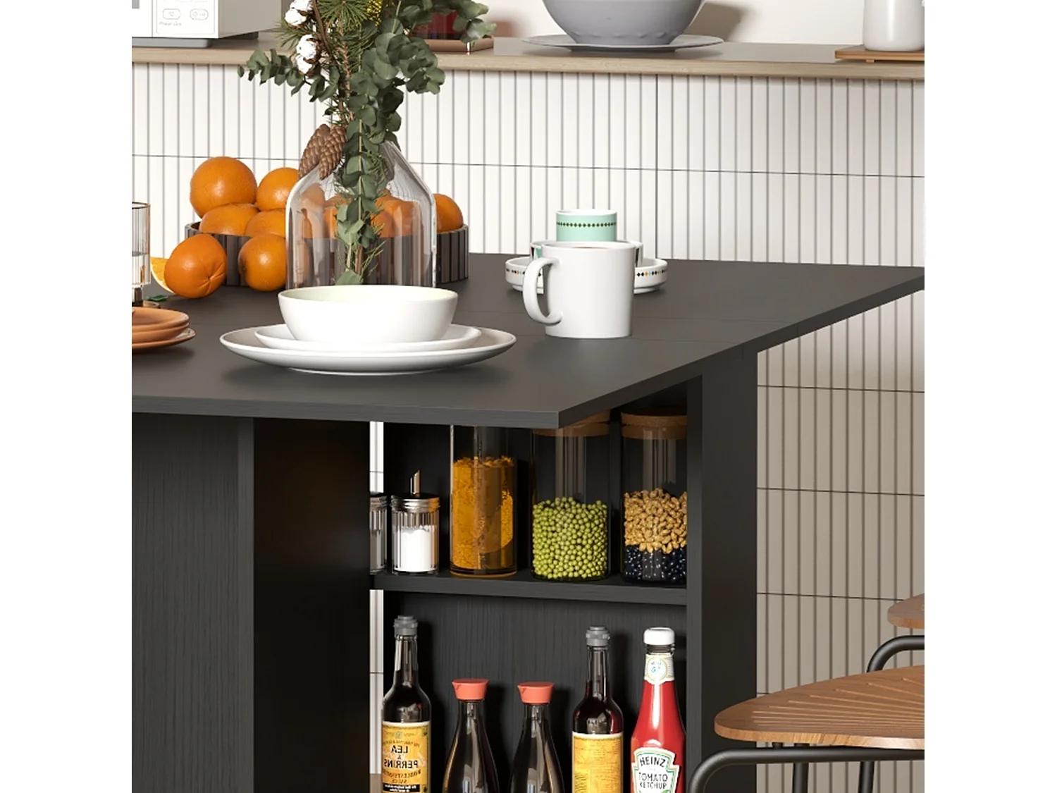 Tavolo pieghevole a 2 ribalte per 6 persone con ripiani e ruote nero