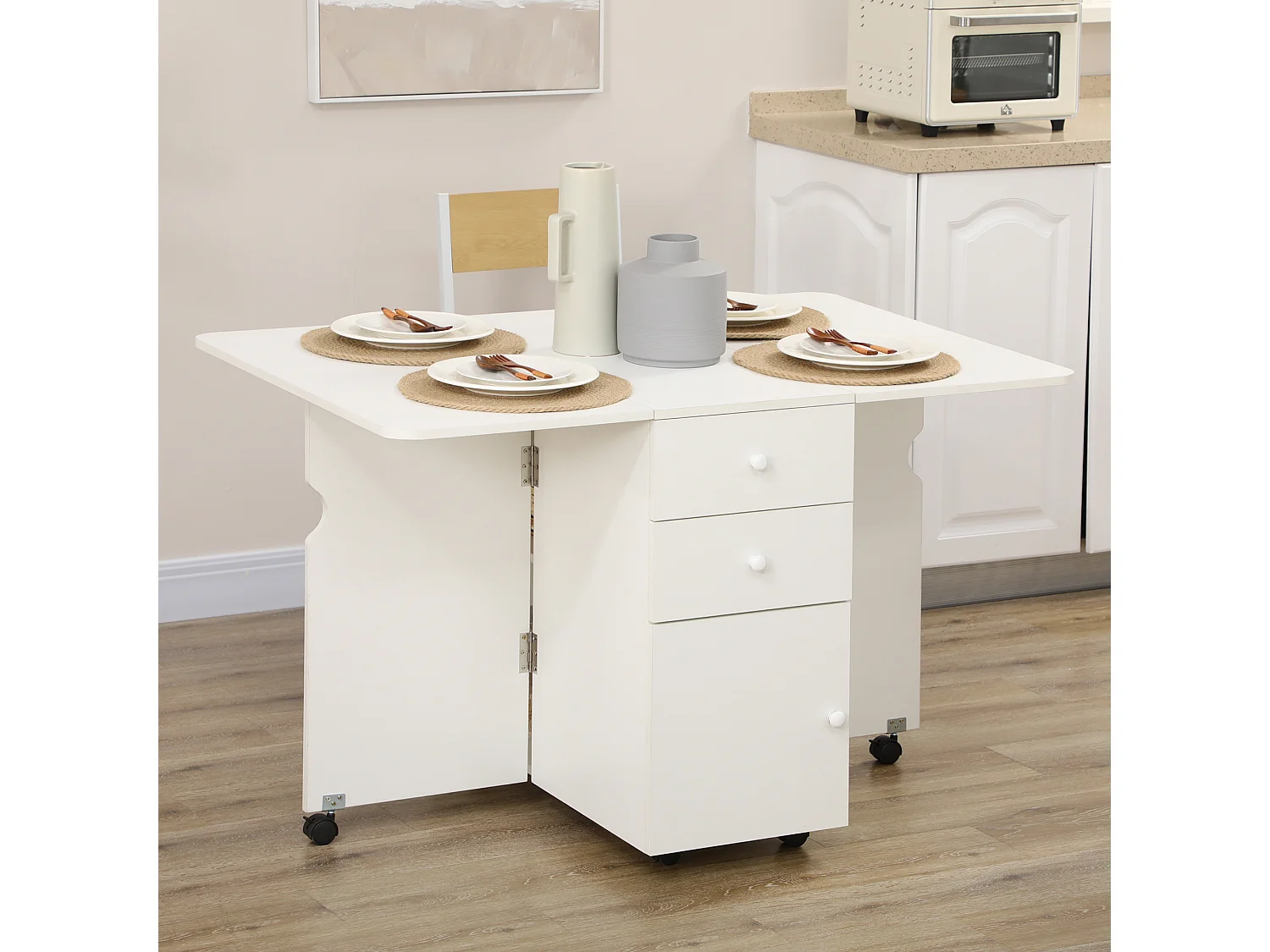 Tavolo da cucina a ribalta con 2 cassetti e armadietto in truciolato