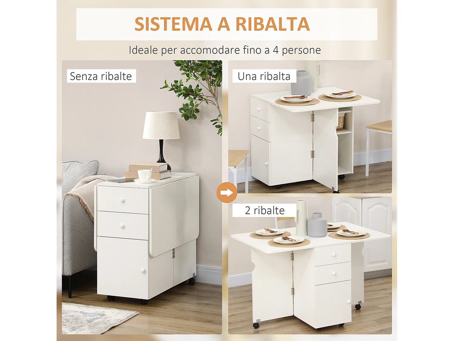 Tavolo da cucina a ribalta con 2 cassetti e armadietto in truciolato