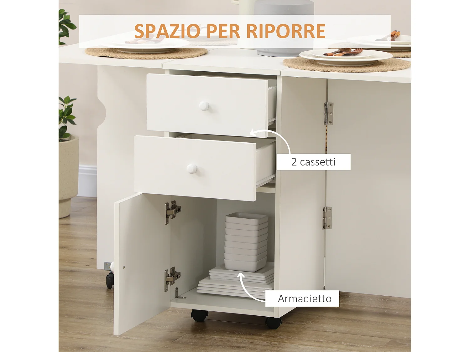 Tavolo da cucina a ribalta con 2 cassetti e armadietto in truciolato