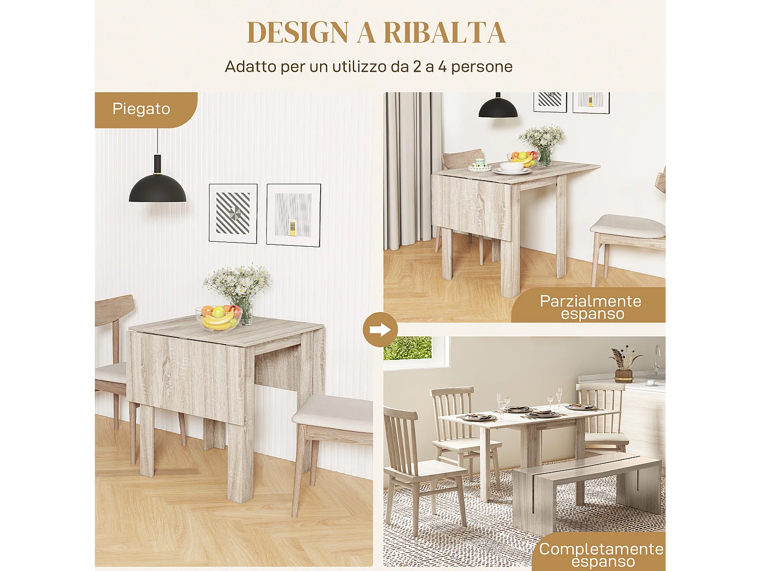 Tavolo a ribalta impermeabile in truciolato per 4 persone max rovere