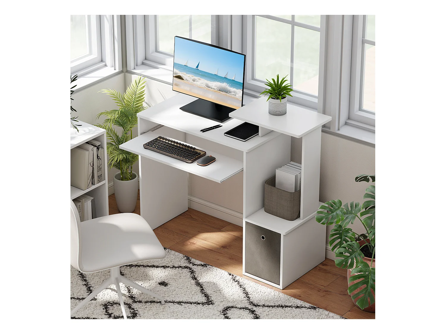 Scrivania pc moderna con porta tastiera e cassetto in tessuto