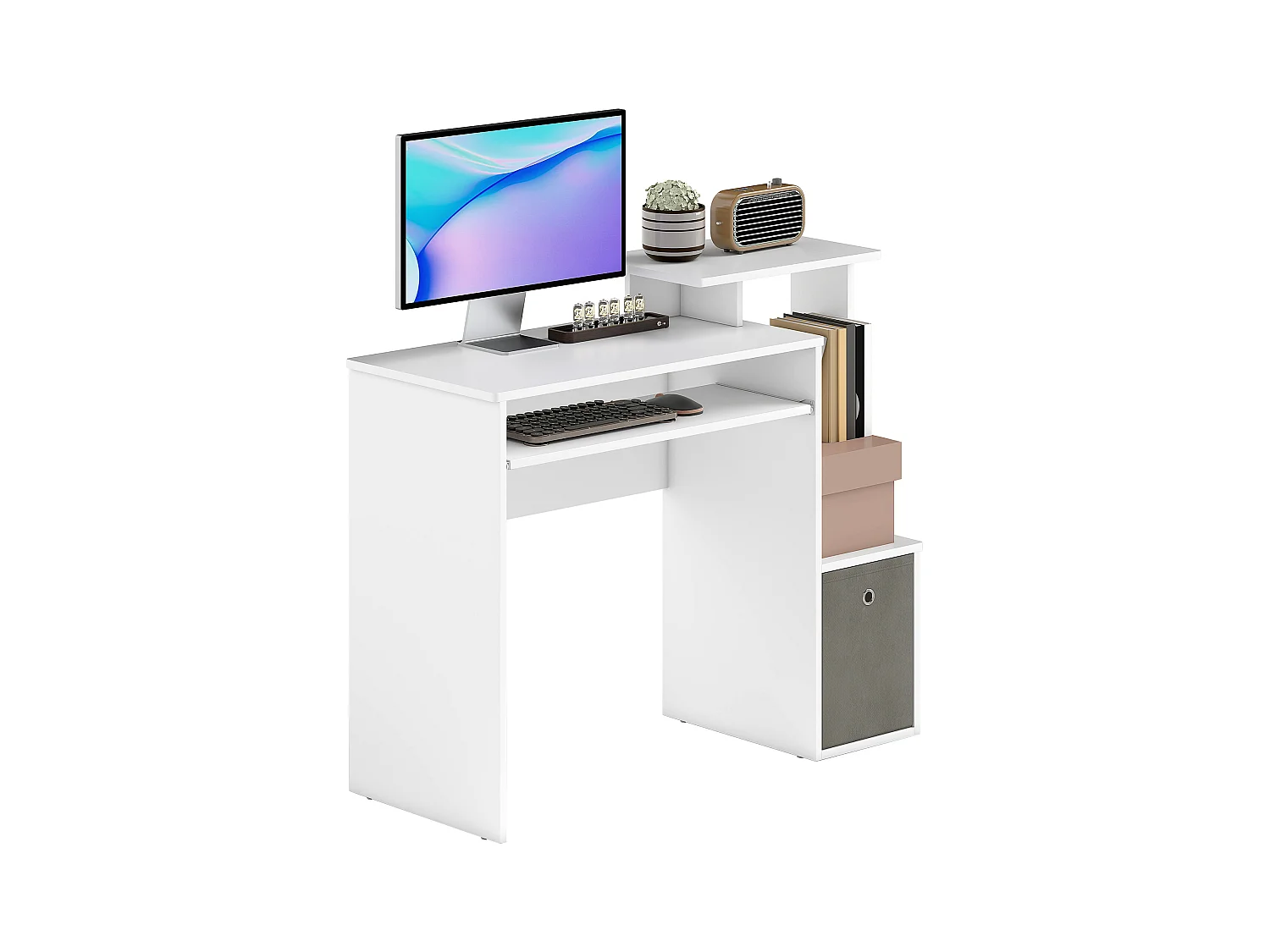 Scrivania pc moderna con porta tastiera e cassetto in tessuto