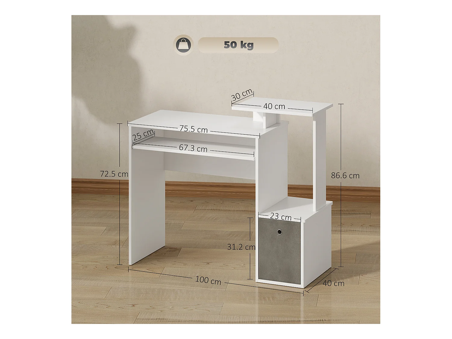 Scrivania pc moderna con porta tastiera e cassetto in tessuto