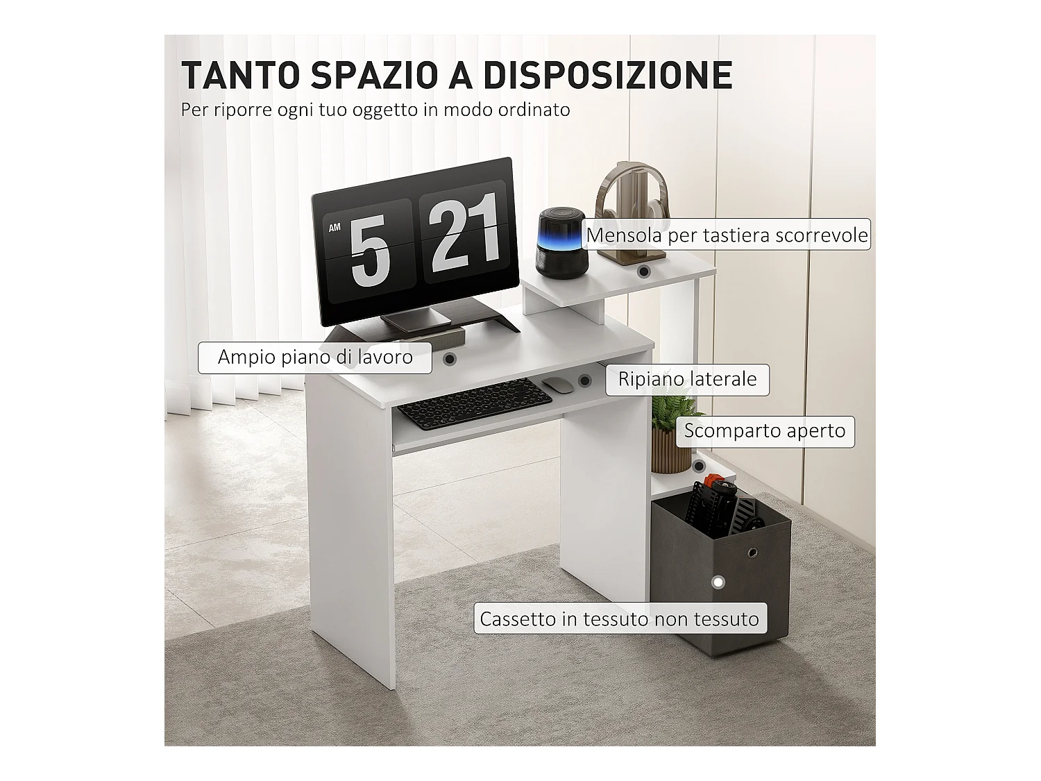 Scrivania pc moderna con porta tastiera e cassetto in tessuto