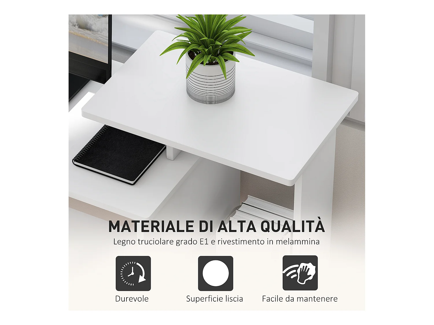 Scrivania pc moderna con porta tastiera e cassetto in tessuto