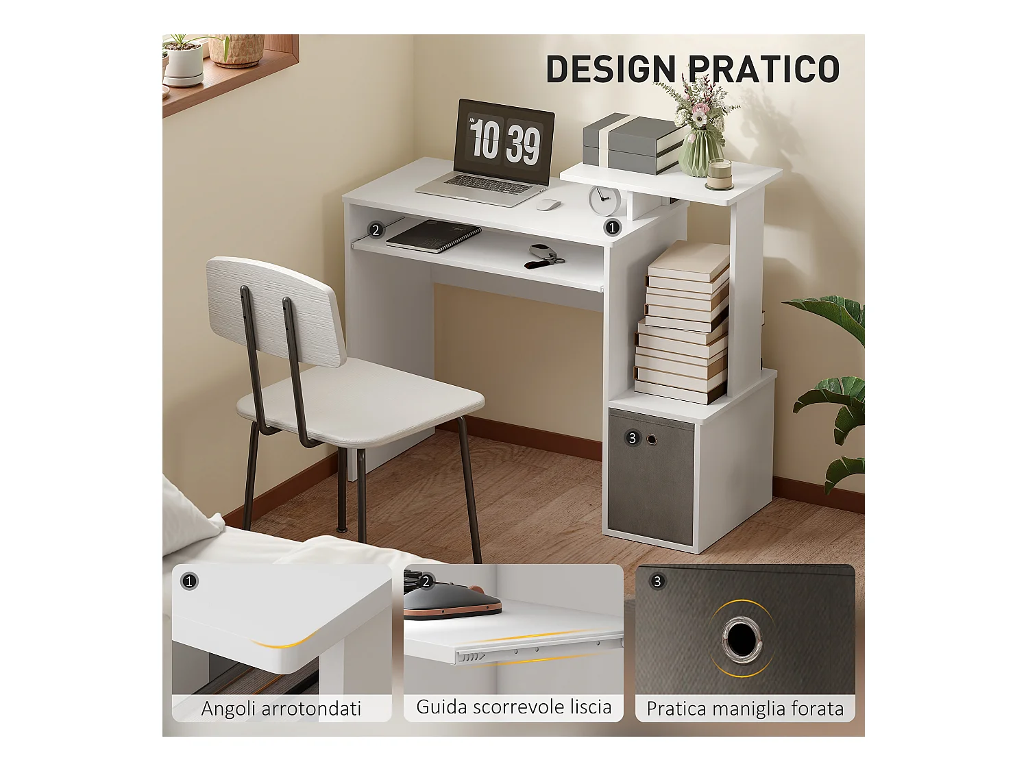 Scrivania pc moderna con porta tastiera e cassetto in tessuto